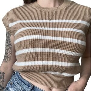 Moon & Madison |‎ Tan & White Stripe Cropped Knit Shirt | Women's Small